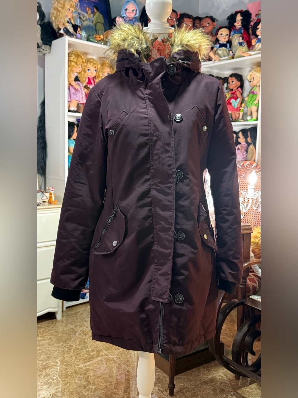 bebe Long Hooded Puffer Coat in Deep Plum